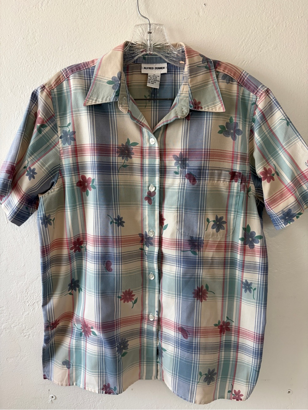 Alfred Dunner Plaid Button-Down Shirt in Cream, Blue & Green with Floral Print